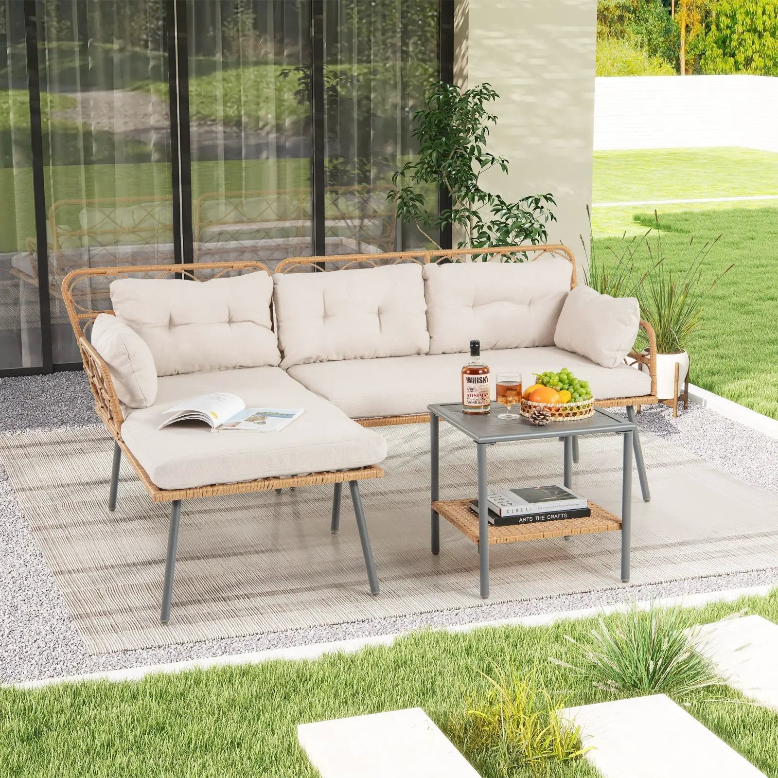3 Pieces Corner Patio Furniture with Small Coffee Table-Beige by DirectDeals