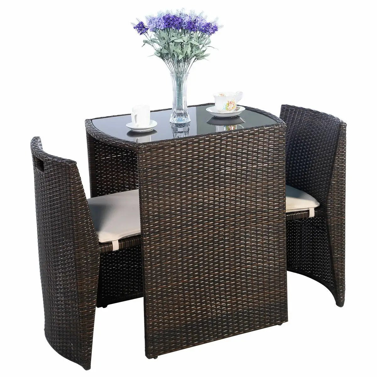 3 Pieces Cushioned Wicker Patio Bistro Set with No Assembly Needed by DirectDeals