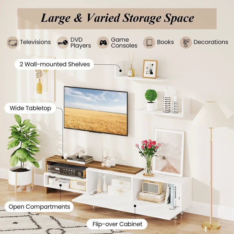 3 Pieces Farmhouse TV Stand for TVs up to 80 Inch with Cabinet and Compartments-White by DirectDeals