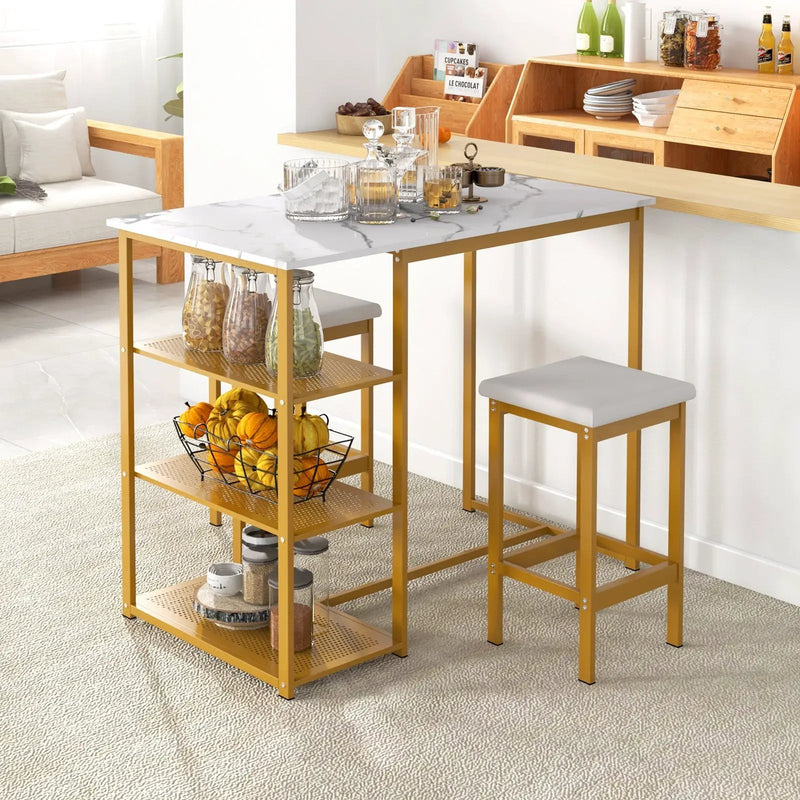 3 Pieces Gold Bar Table Set for 2 with 3-Tier Storage Shelves-Golden by DirectDeals