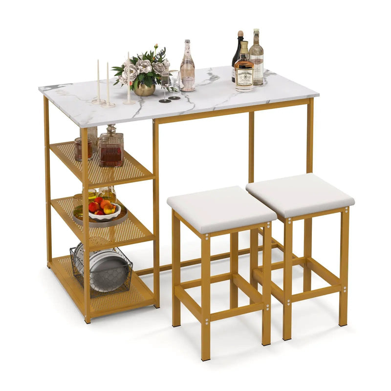 3 Pieces Gold Bar Table Set for 2 with 3-Tier Storage Shelves-Golden by DirectDeals
