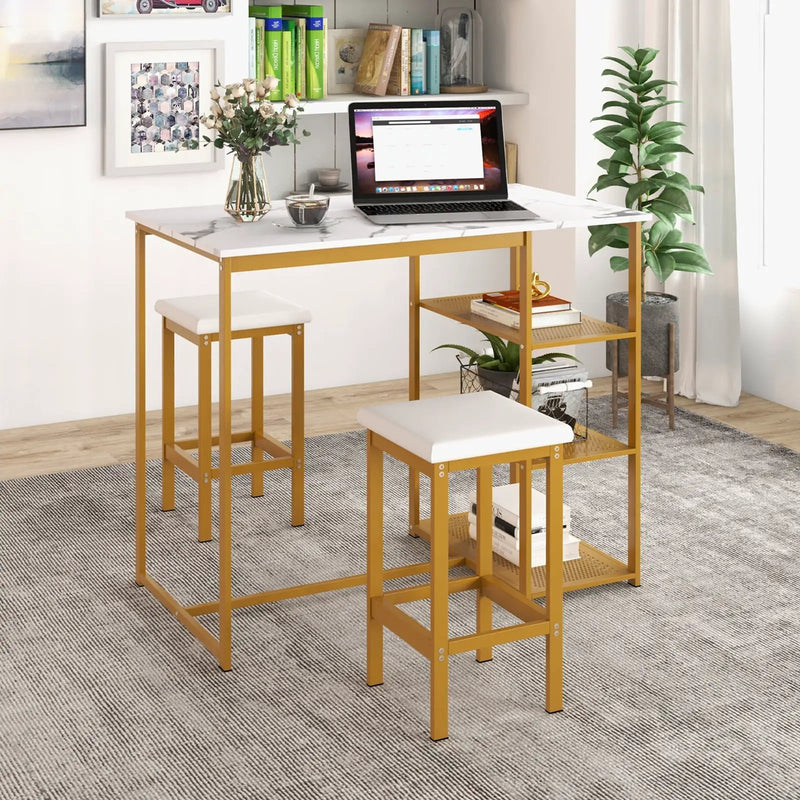 3 Pieces Gold Bar Table Set for 2 with 3-Tier Storage Shelves-Golden by DirectDeals
