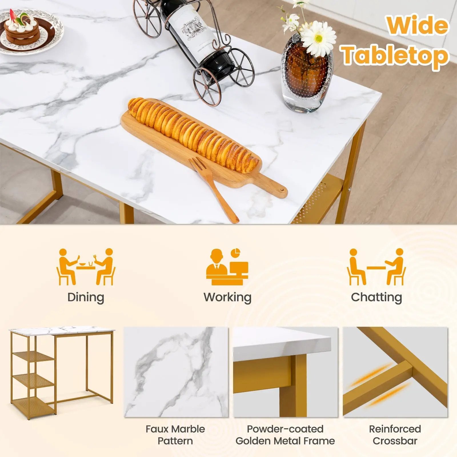 3 Pieces Gold Bar Table Set for 2 with 3-Tier Storage Shelves-Golden by DirectDeals