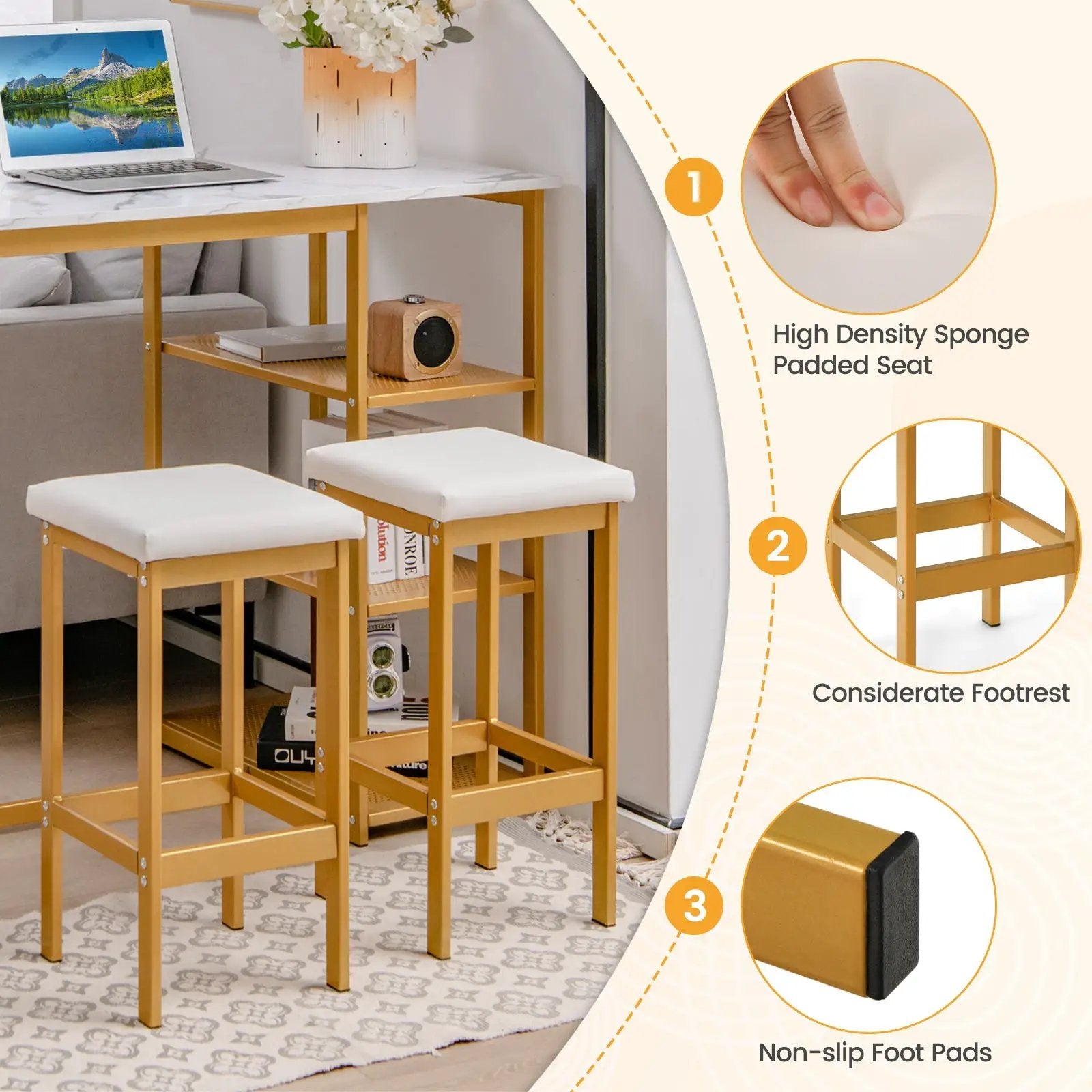3 Pieces Gold Bar Table Set for 2 with 3-Tier Storage Shelves-Golden by DirectDeals