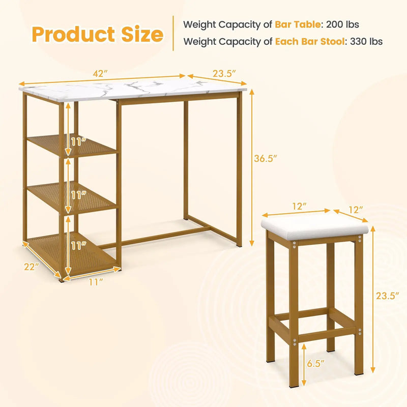 3 Pieces Gold Bar Table Set for 2 with 3-Tier Storage Shelves-Golden by DirectDeals