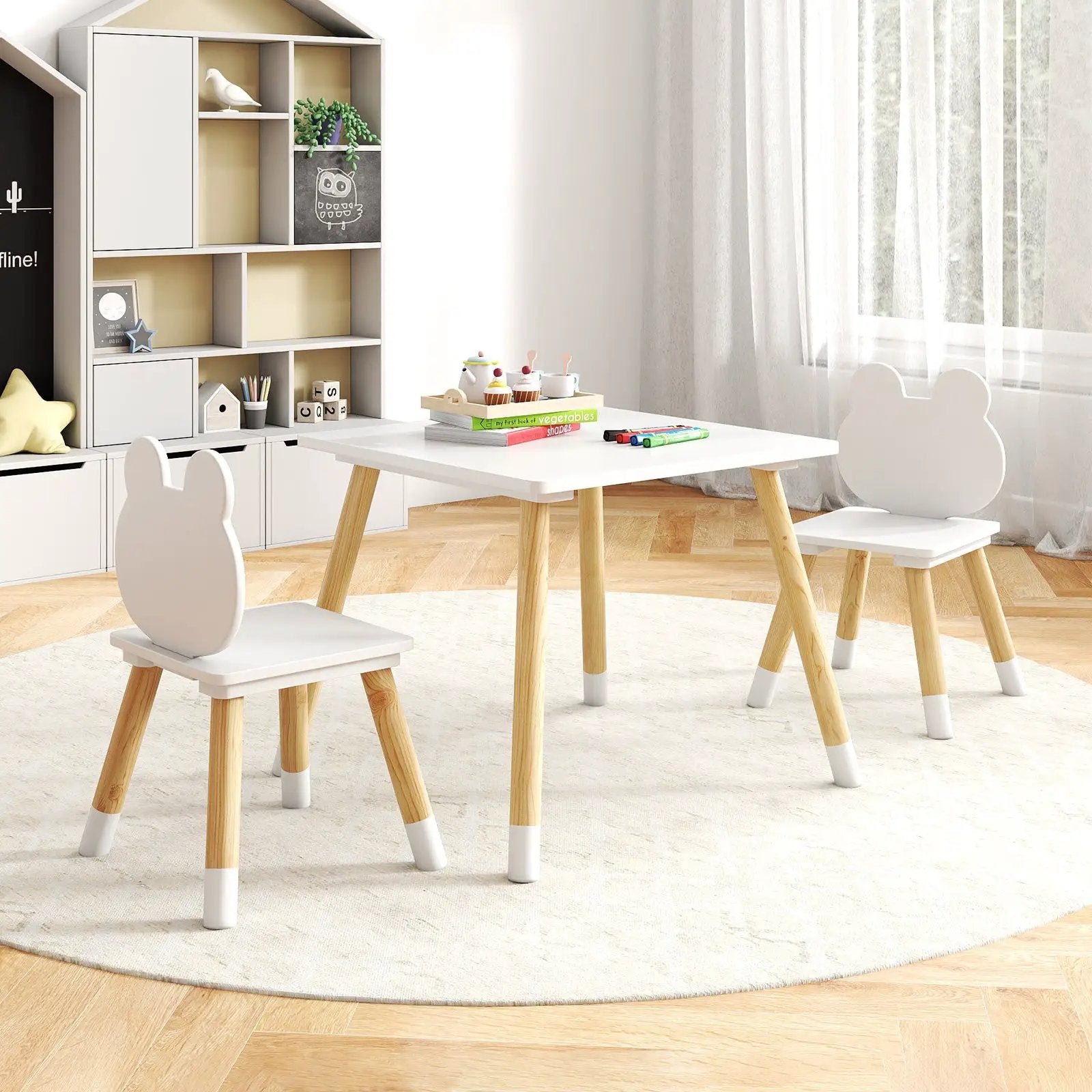 3 Pieces Kids Wooden Table and Chair Set with Cute Froggy Design-White by DirectDeals