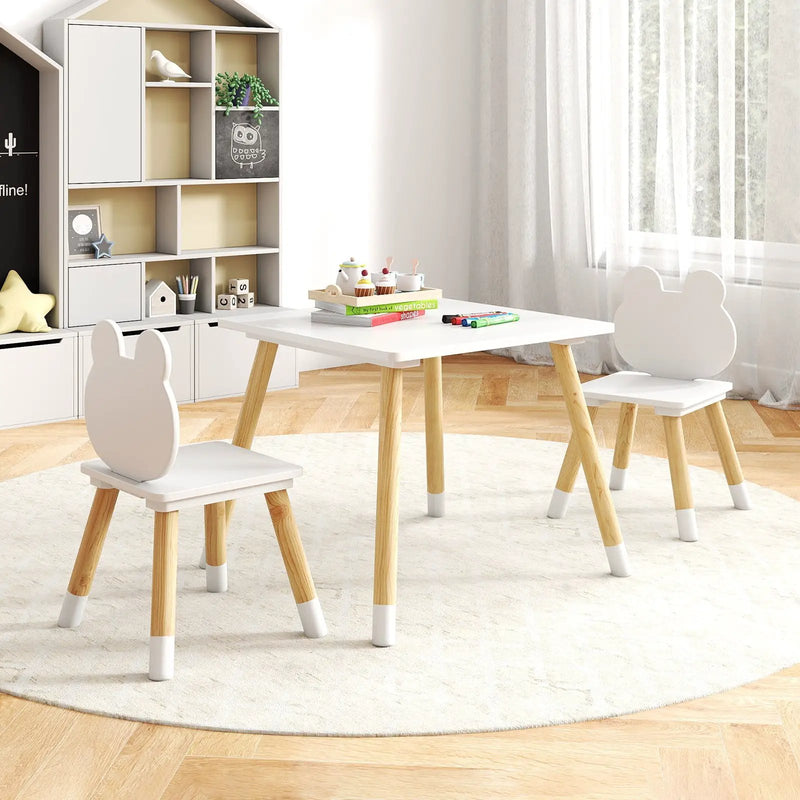 3 Pieces Kids Wooden Table and Chair Set with Cute Froggy Design-White by DirectDeals