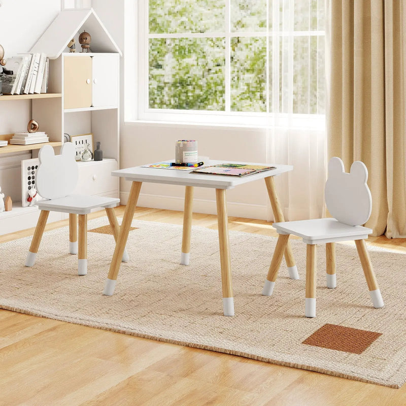 3 Pieces Kids Wooden Table and Chair Set with Cute Froggy Design-White by DirectDeals