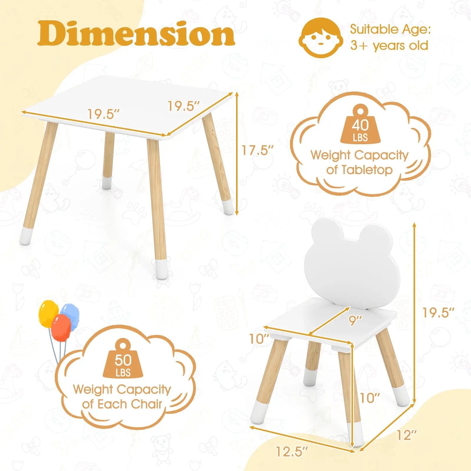 3 Pieces Kids Wooden Table and Chair Set with Cute Froggy Design-White by DirectDeals