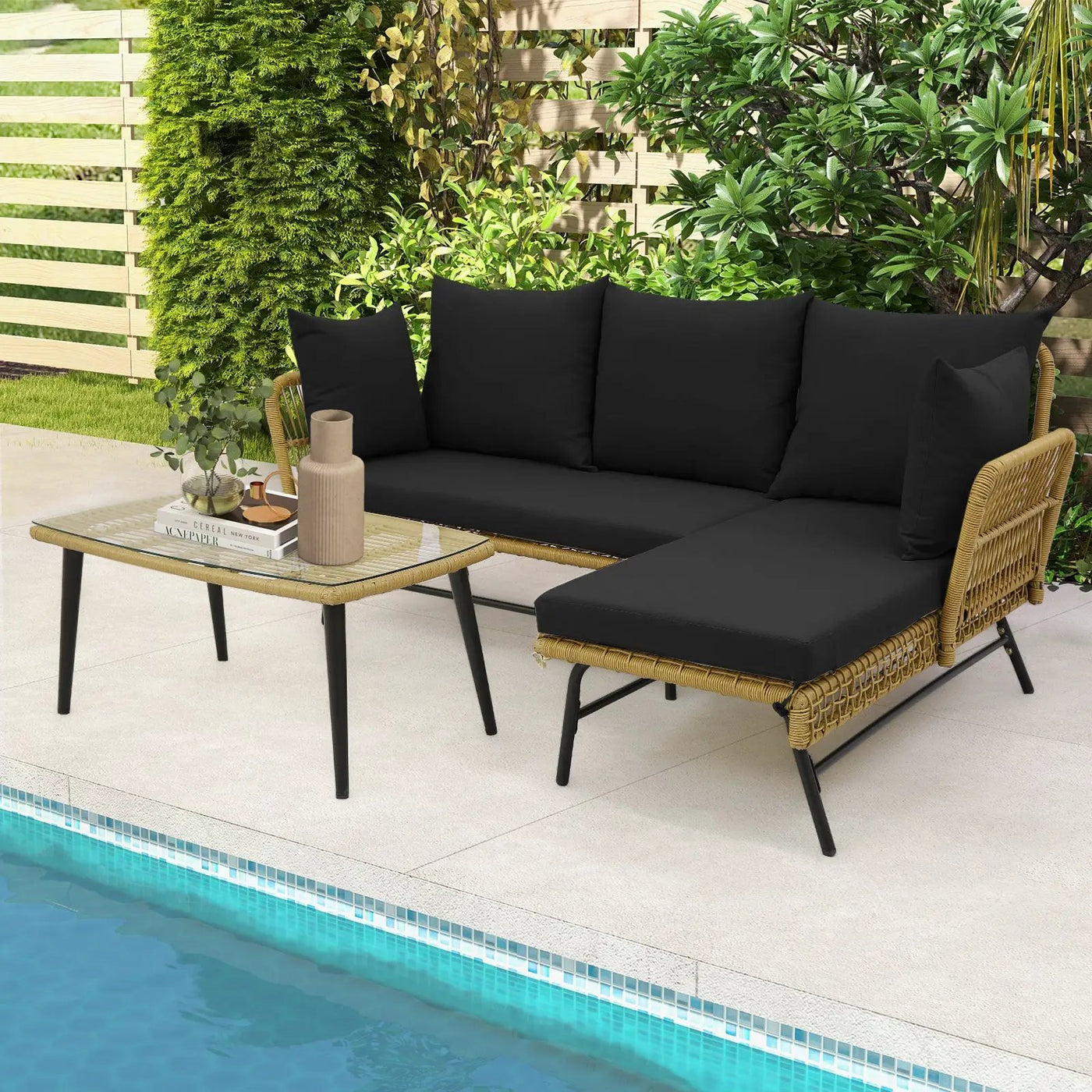 3 Pieces L-Shaped Patio Sofa with Cushions and Tempered Glass Table by DirectDeals