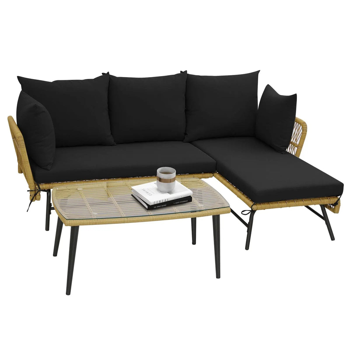 3 Pieces L-Shaped Patio Sofa with Cushions and Tempered Glass Table by DirectDeals