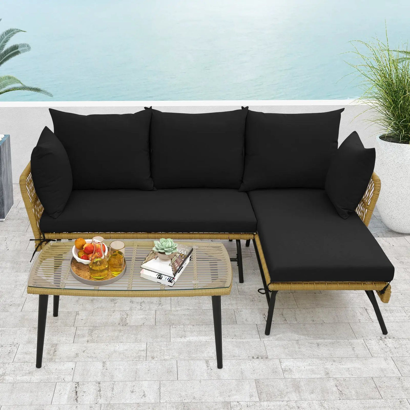 3 Pieces L-Shaped Patio Sofa with Cushions and Tempered Glass Table by DirectDeals