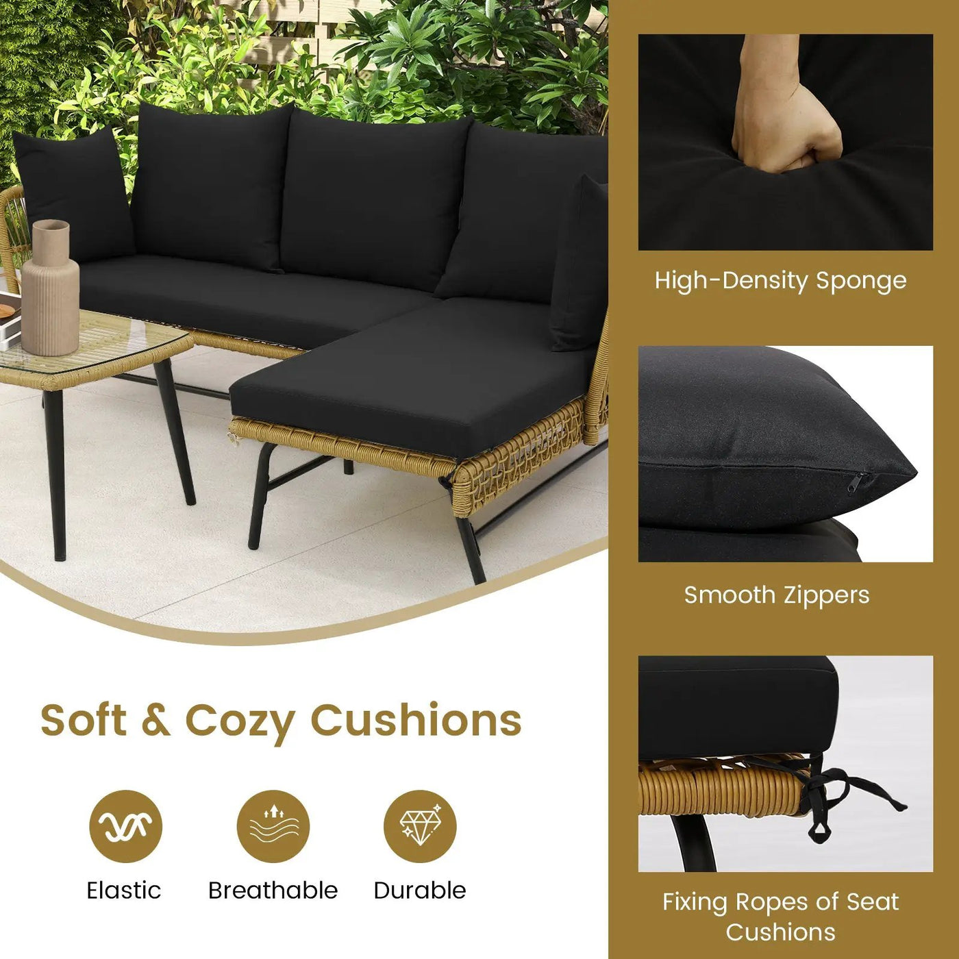 3 Pieces L-Shaped Patio Sofa with Cushions and Tempered Glass Table by DirectDeals
