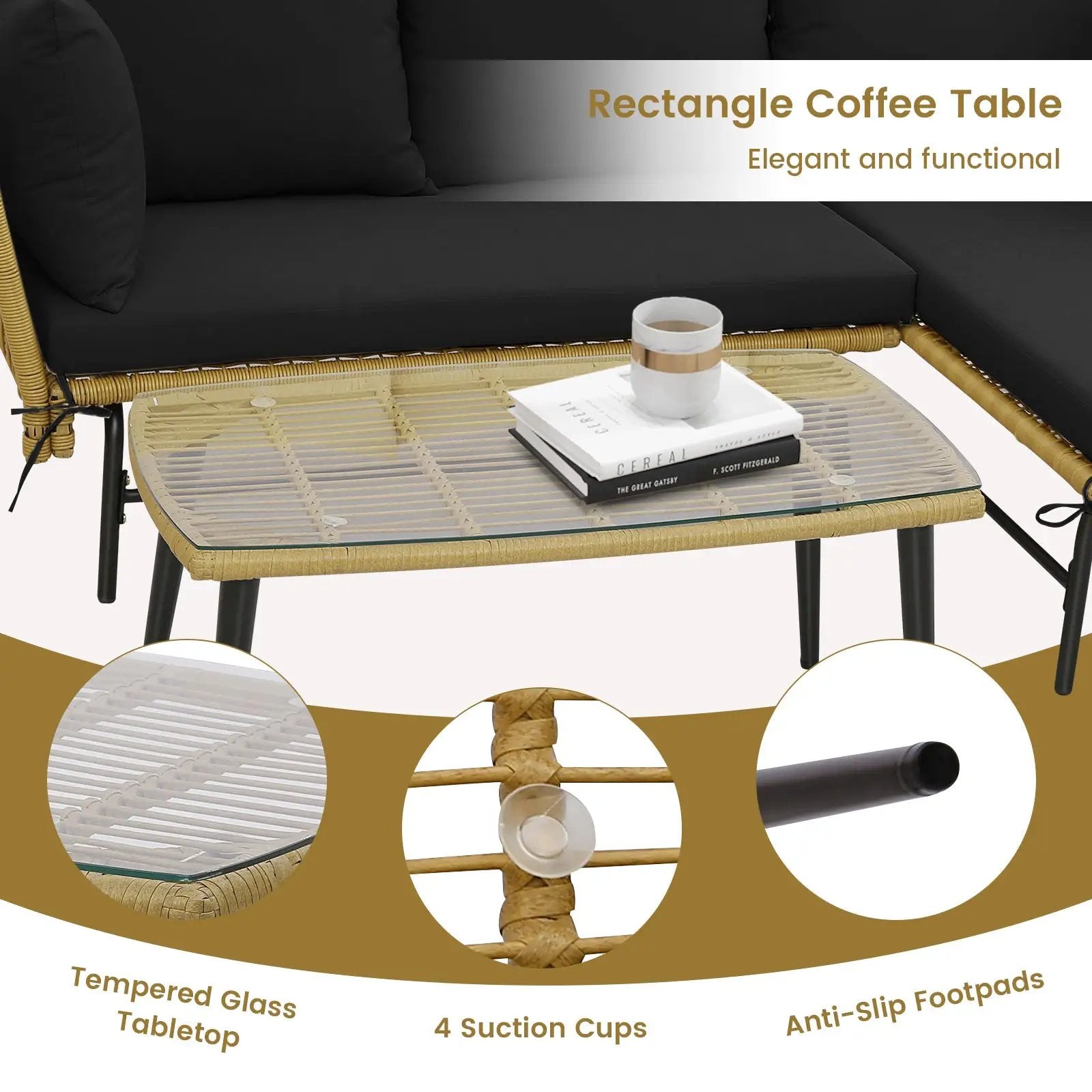 3 Pieces L-Shaped Patio Sofa with Cushions and Tempered Glass Table by DirectDeals