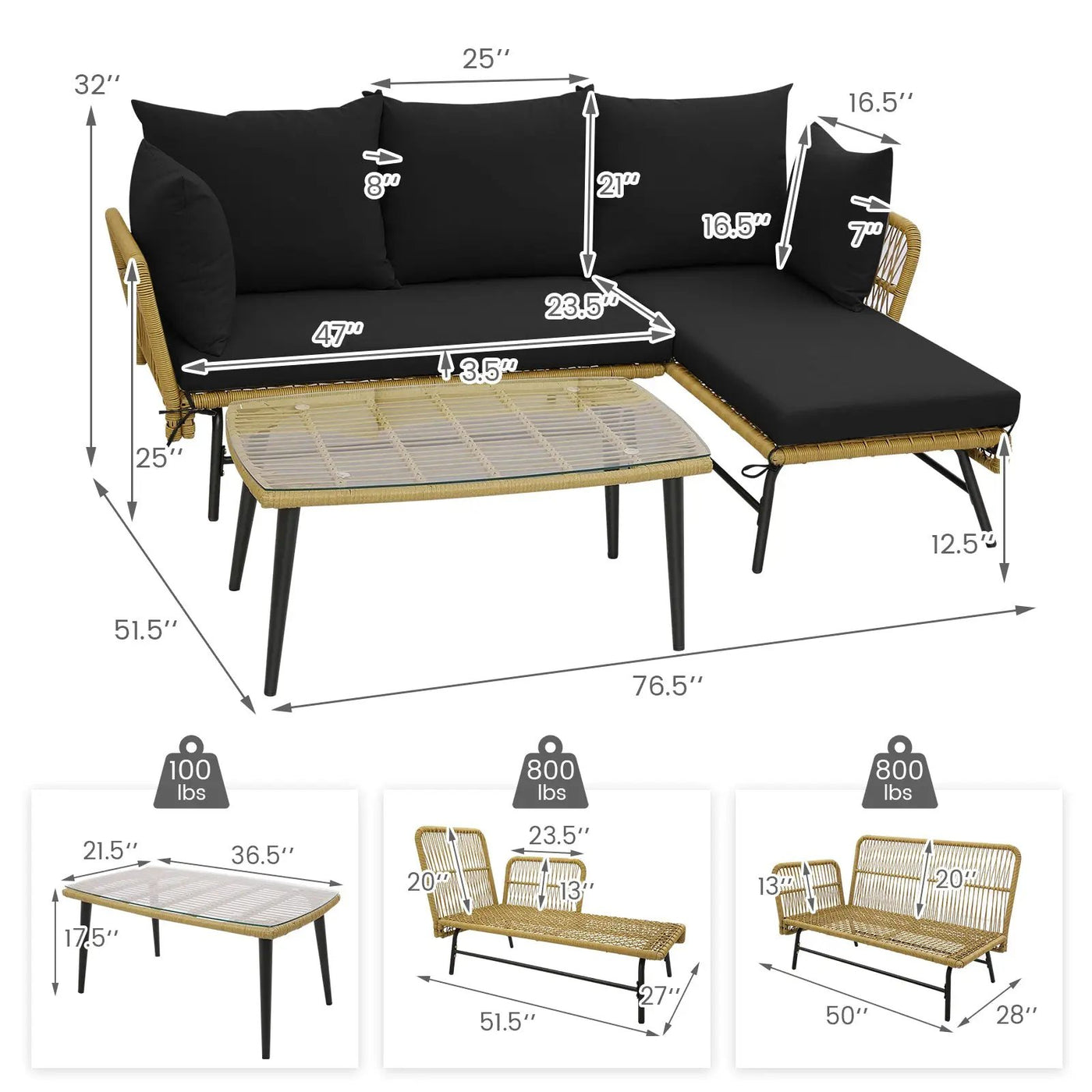 3 Pieces L-Shaped Patio Sofa with Cushions and Tempered Glass Table by DirectDeals