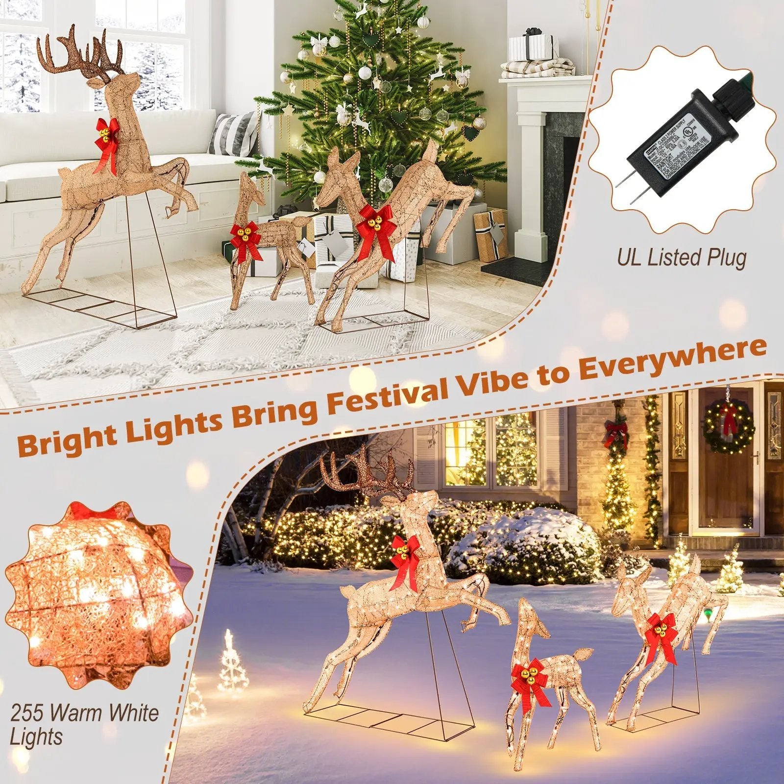 3 Pieces Lighted Christmas Reindeer Family Set with 255 Lights by DirectDeals