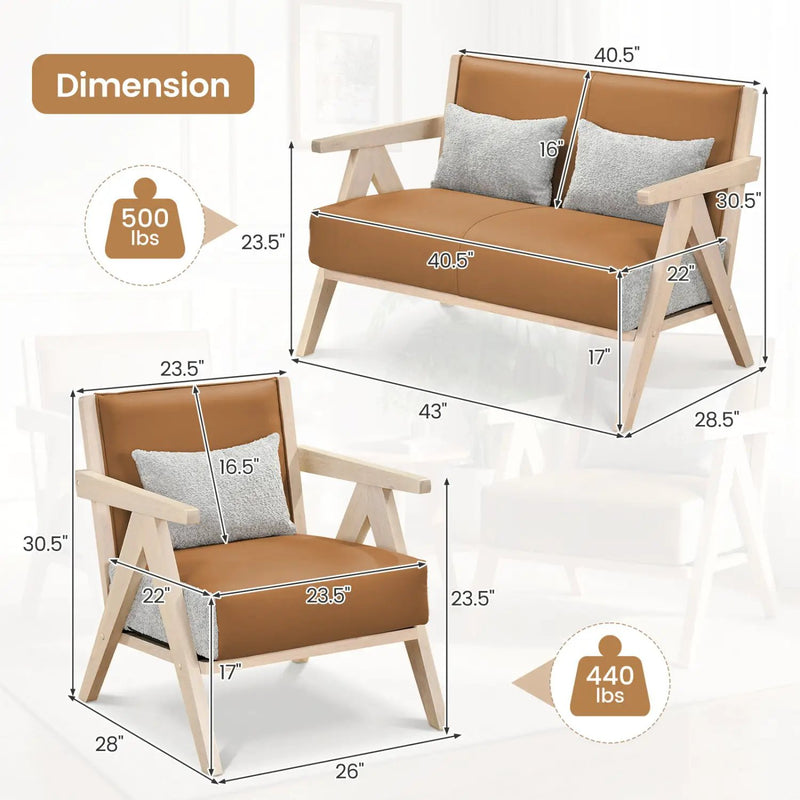 3 Pieces Living Room Furniture Set with Rubber Wood Frame by DirectDeals