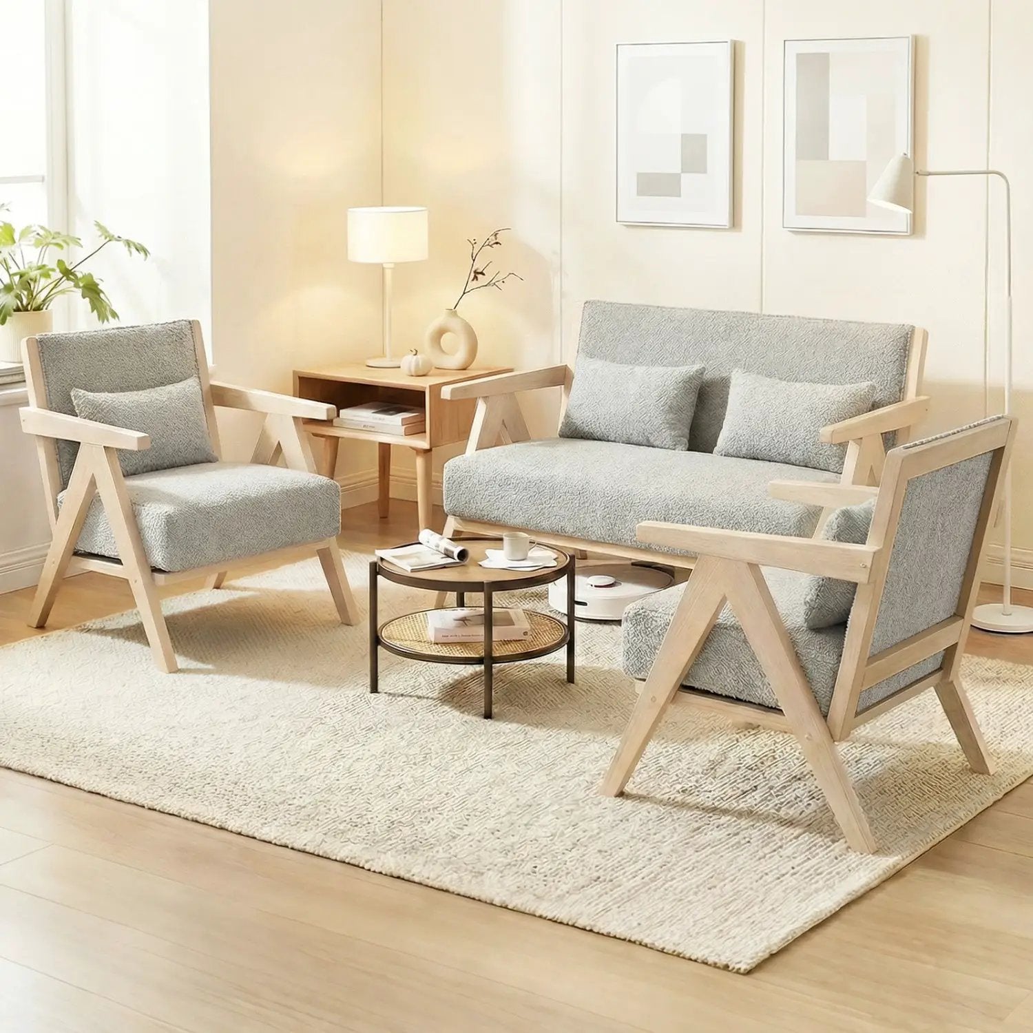 3 Pieces Living Room Furniture Set with Rubber Wood Frame by DirectDeals