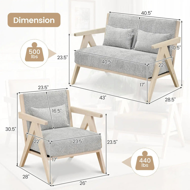 3 Pieces Living Room Furniture Set with Rubber Wood Frame by DirectDeals
