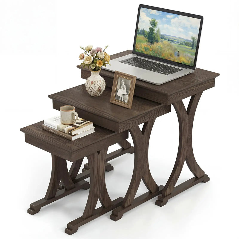 3 Pieces Nesting Coffee Table Side Table with Solid Rubber Wood Legs-Brown by DirectDeals