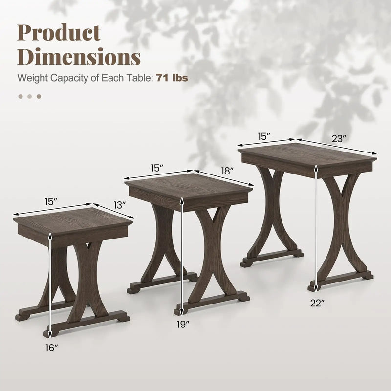 3 Pieces Nesting Coffee Table Side Table with Solid Rubber Wood Legs-Brown by DirectDeals