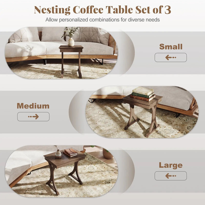 3 Pieces Nesting Coffee Table Side Table with Solid Rubber Wood Legs-Brown by DirectDeals