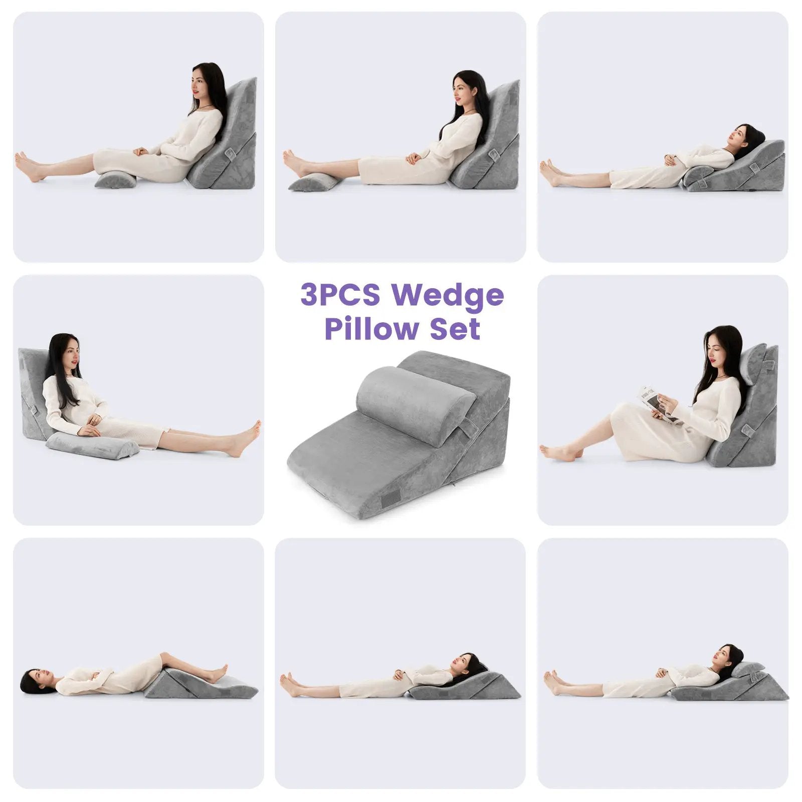 3 Pieces Orthopedic Bed Wedge Pillow Set Adjustable Support for Back Neck-Gray by DirectDeals