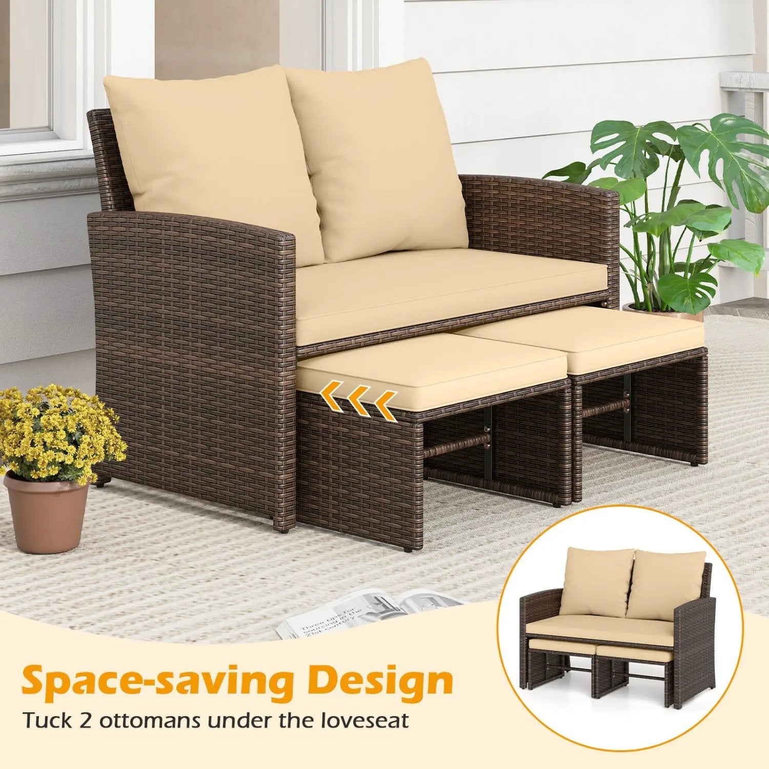 3 Pieces Outdoor Patio PE Wicker Furniture Set with Cushions-Beige by DirectDeals