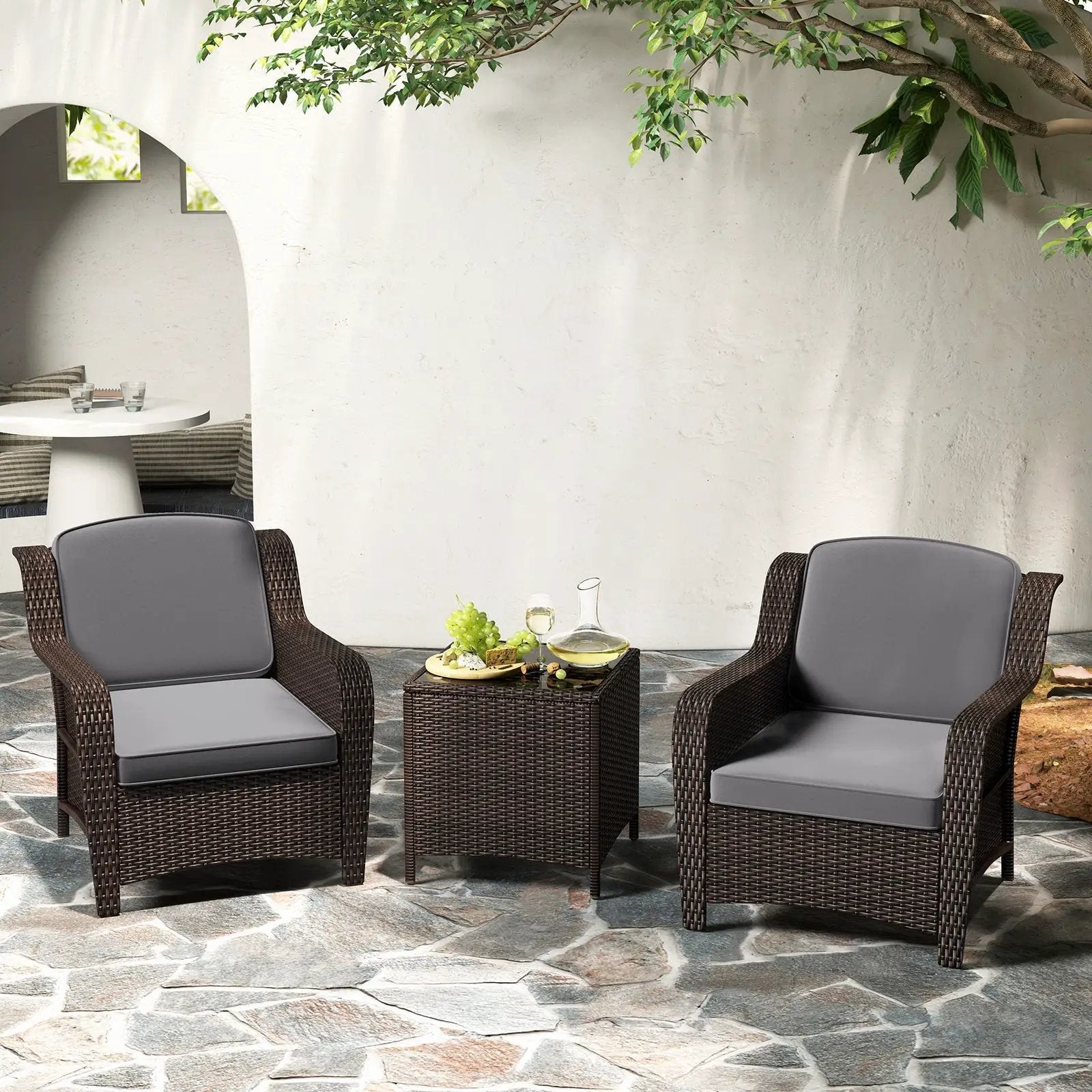 3 Pieces Outdoor Rattan Furniture Set with Cushions and Tempered Glass Coffee Table-Gray by DirectDeals
