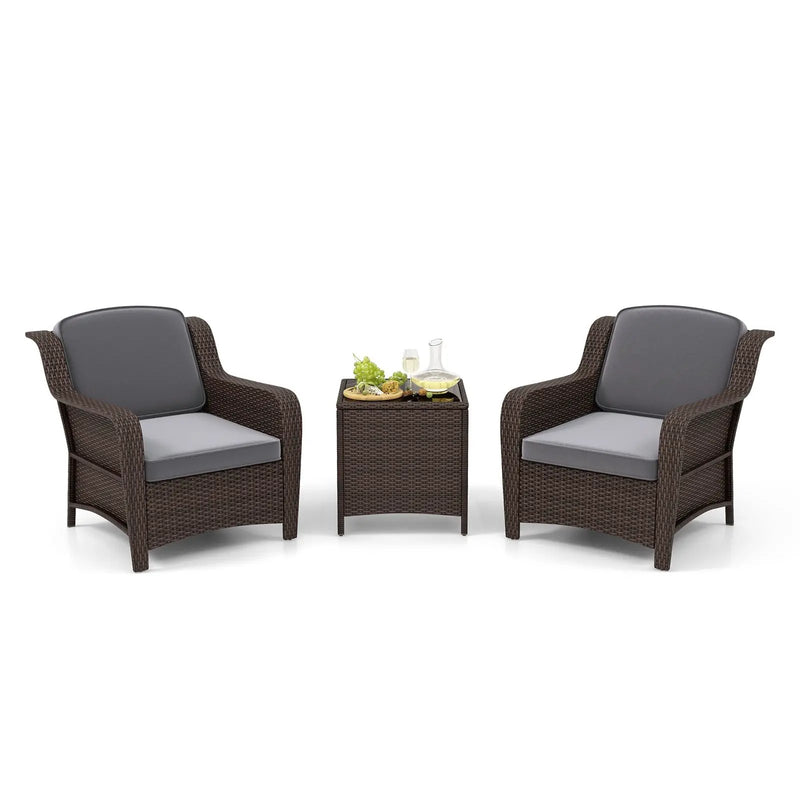 3 Pieces Outdoor Rattan Furniture Set with Cushions and Tempered Glass Coffee Table-Gray by DirectDeals