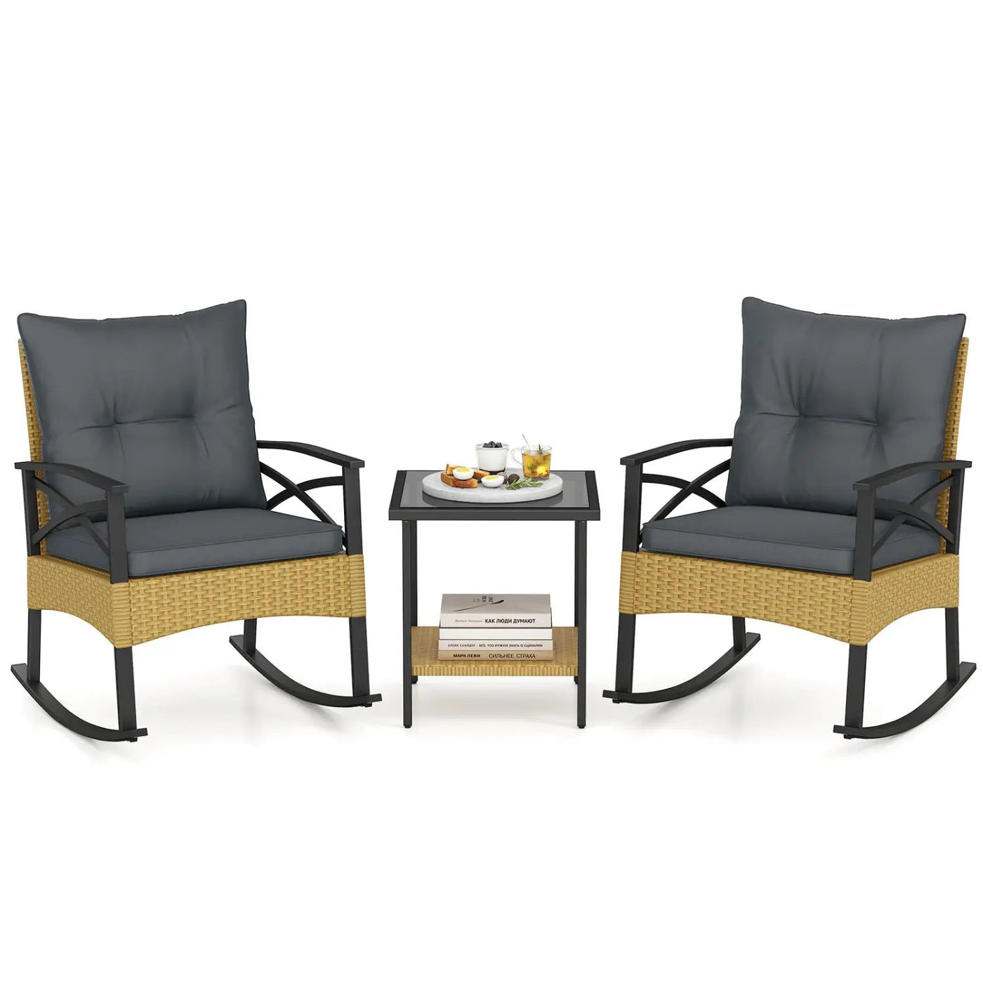 3 Pieces Outdoor Rattan Rocking Chairs Set with 2-Tier Side Table for Garden Backyard by DirectDeals