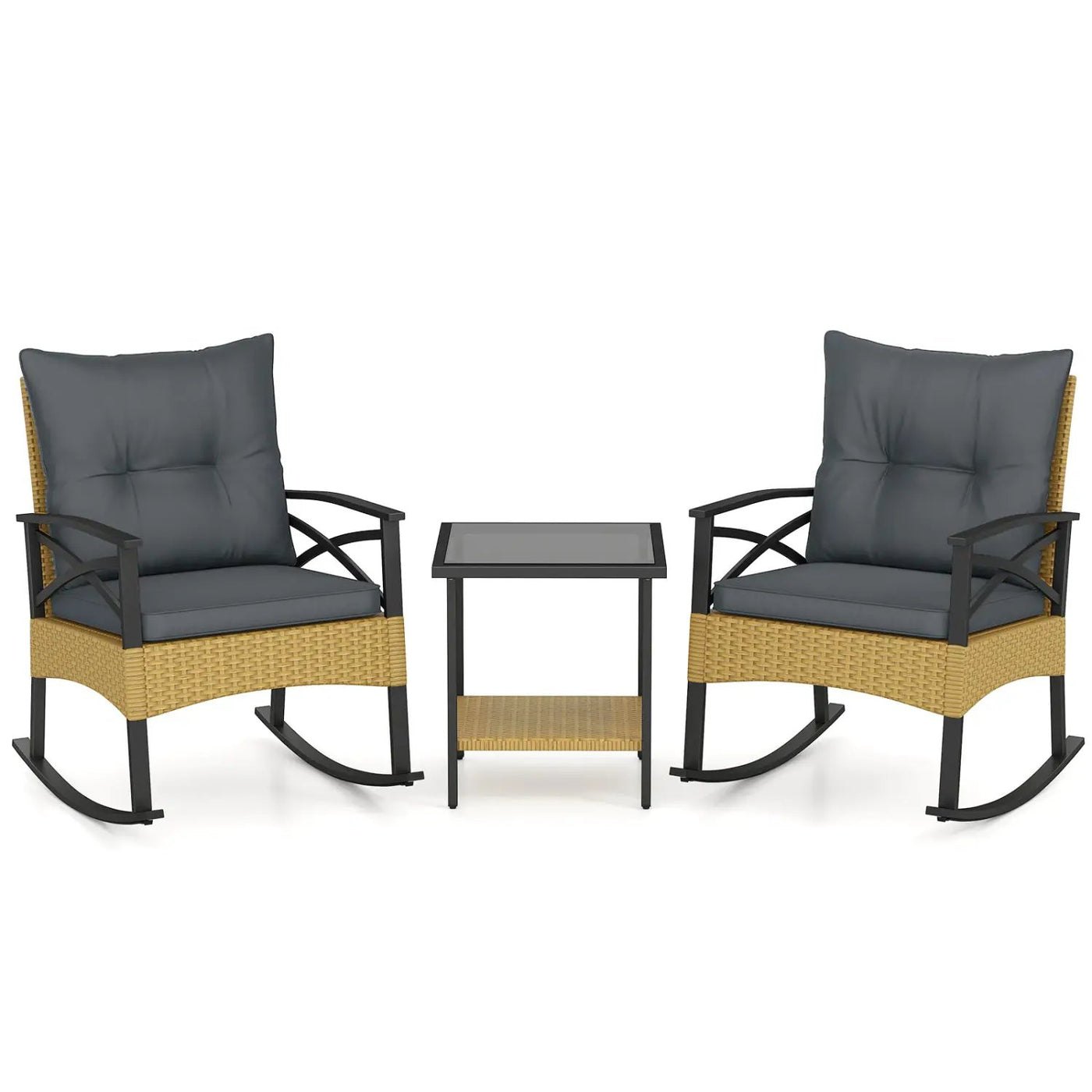 3 Pieces Outdoor Rattan Rocking Chairs Set with 2-Tier Side Table for Garden Backyard by DirectDeals
