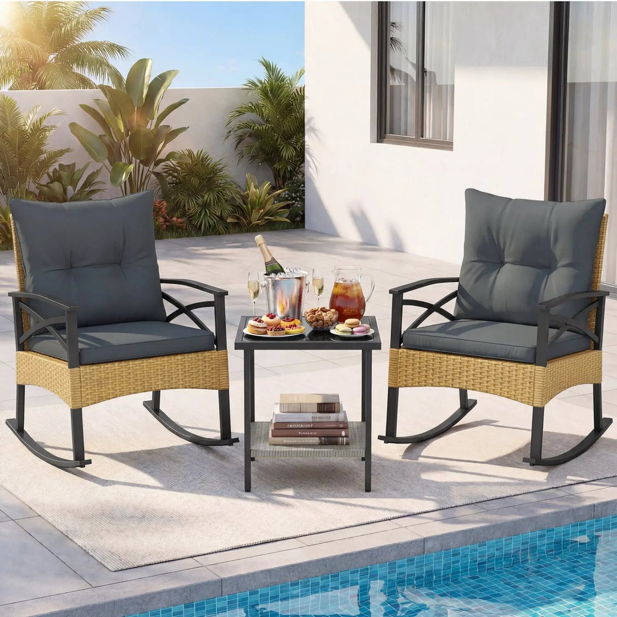 3 Pieces Outdoor Rattan Rocking Chairs Set with 2-Tier Side Table for Garden Backyard by DirectDeals