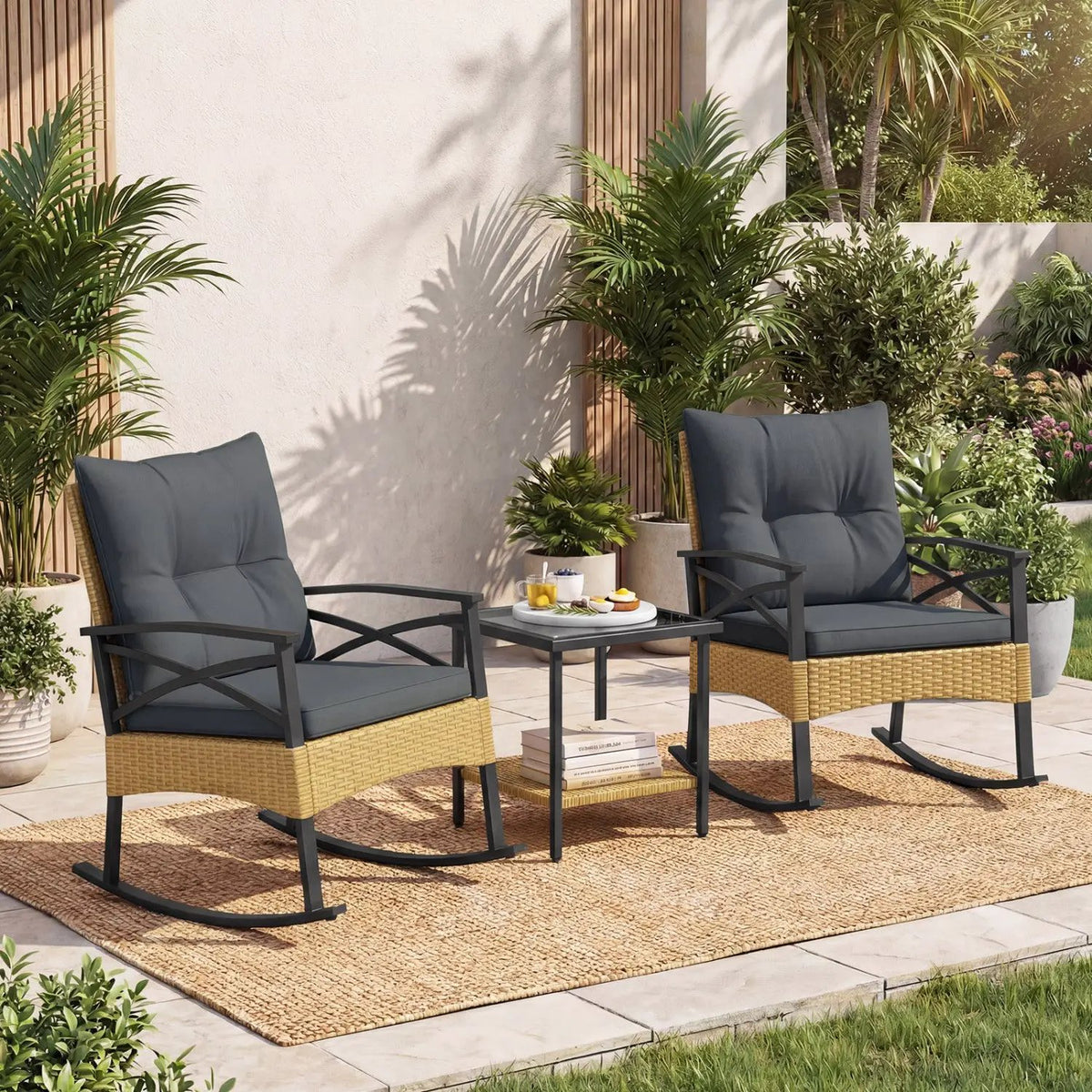 3 Pieces Outdoor Rattan Rocking Chairs Set with 2-Tier Side Table for Garden Backyard by DirectDeals