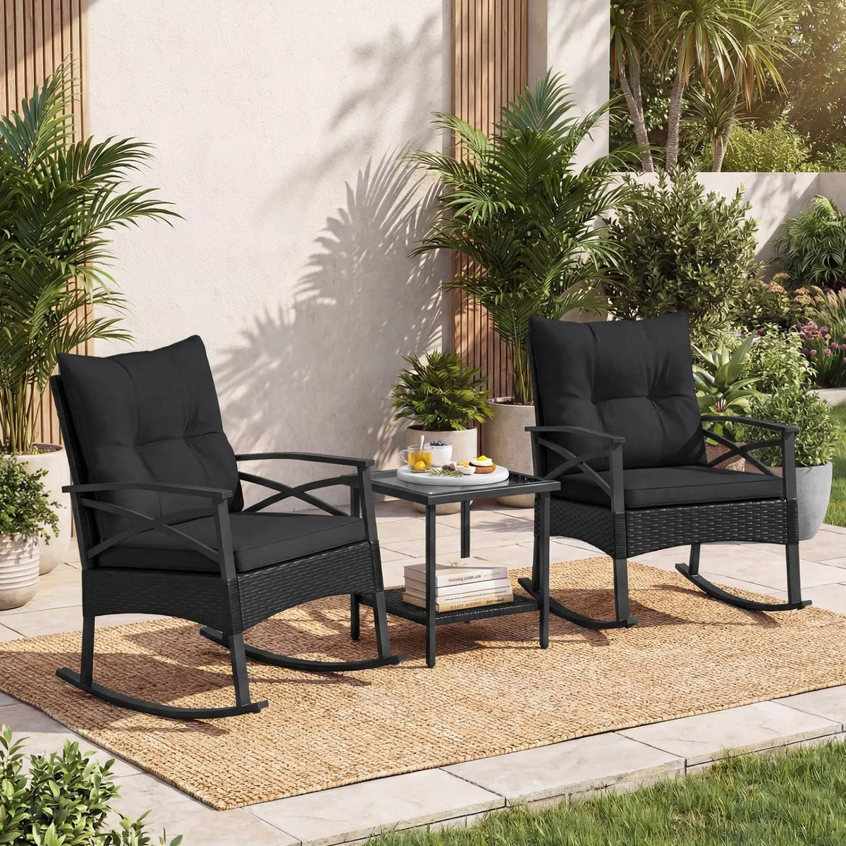 3 Pieces Outdoor Rattan Rocking Chairs Set with 2-Tier Side Table for Garden Backyard by DirectDeals
