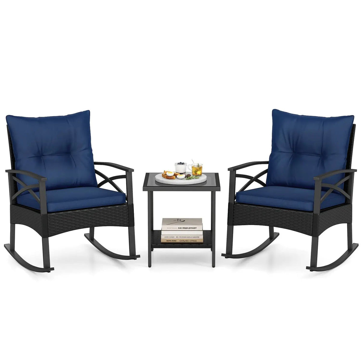 3 Pieces Outdoor Rattan Rocking Chairs Set with 2-Tier Side Table for Garden Backyard by DirectDeals