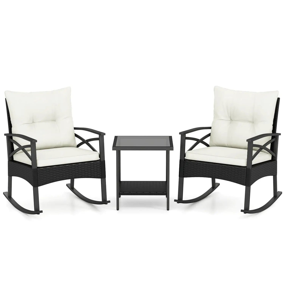 3 Pieces Outdoor Rattan Rocking Chairs Set with 2-Tier Side Table for Garden Backyard by DirectDeals