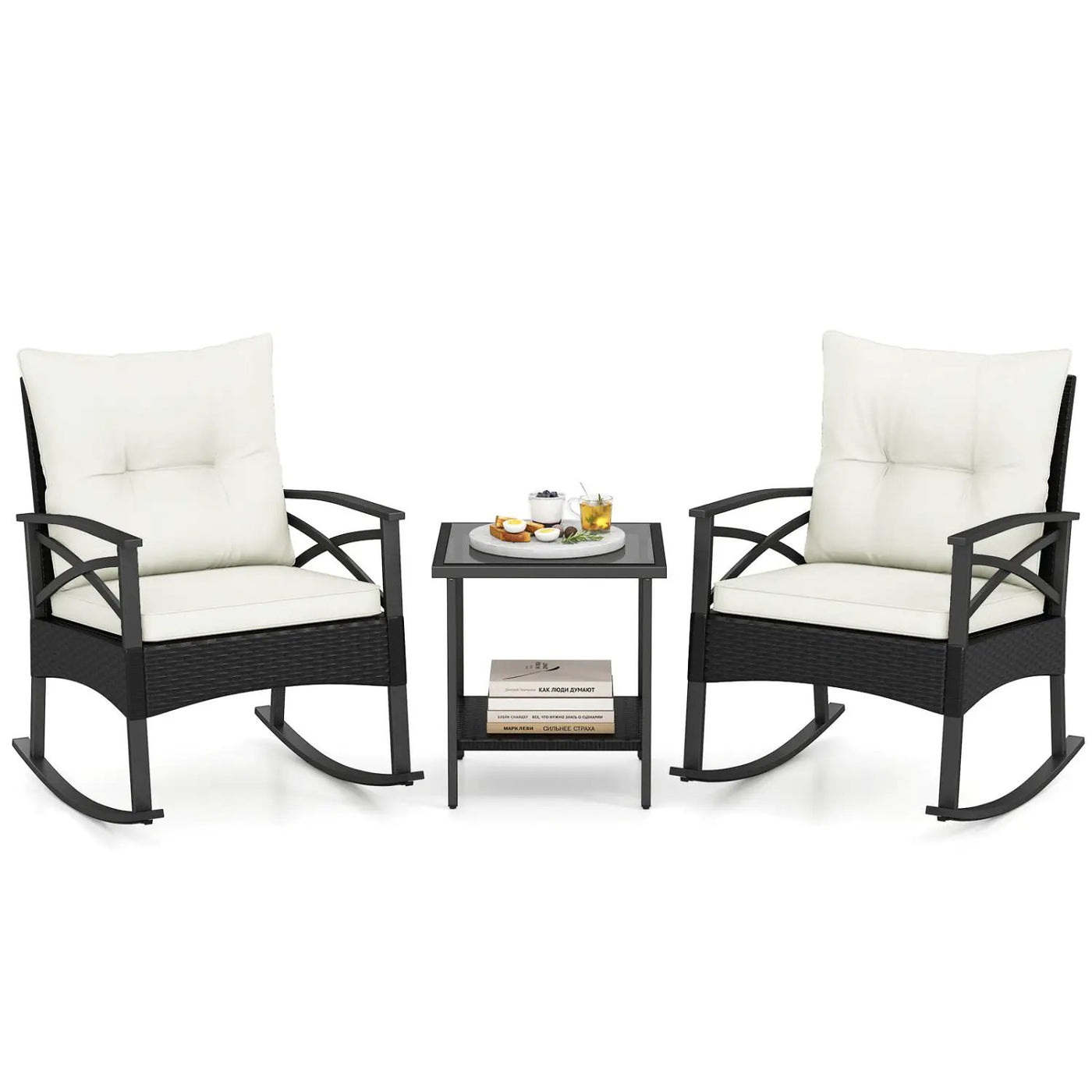 3 Pieces Outdoor Rattan Rocking Chairs Set with 2-Tier Side Table for Garden Backyard by DirectDeals