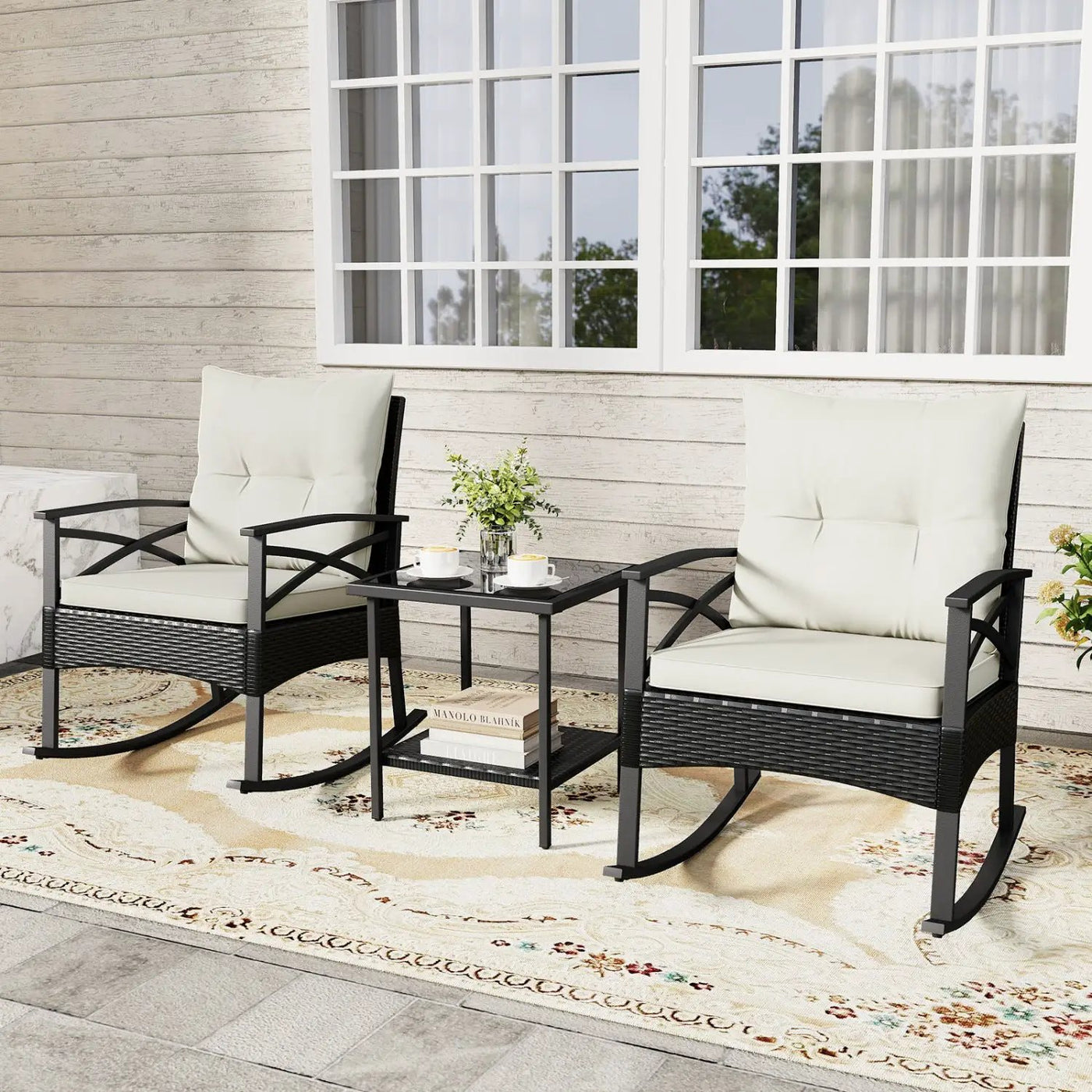 3 Pieces Outdoor Rattan Rocking Chairs Set with 2-Tier Side Table for Garden Backyard by DirectDeals