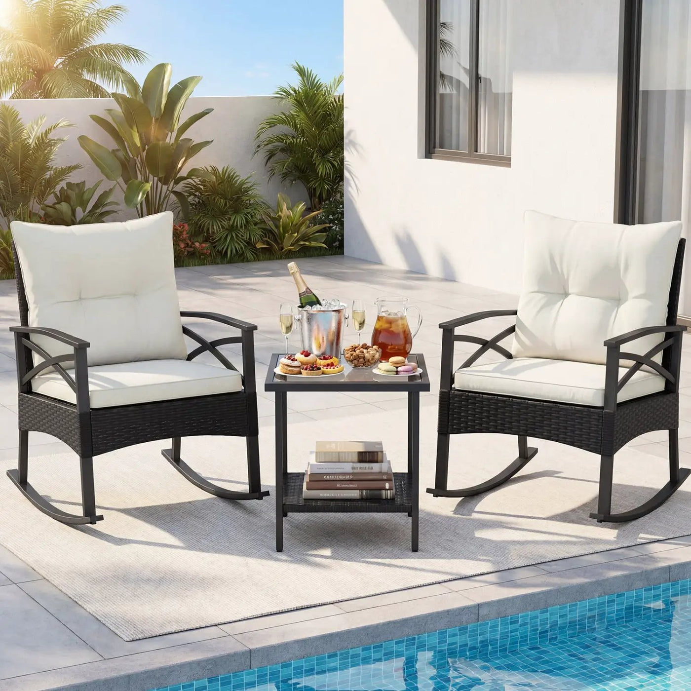 3 Pieces Outdoor Rattan Rocking Chairs Set with 2-Tier Side Table for Garden Backyard by DirectDeals