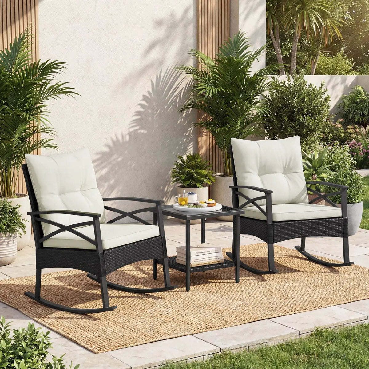 3 Pieces Outdoor Rattan Rocking Chairs Set with 2-Tier Side Table for Garden Backyard by DirectDeals