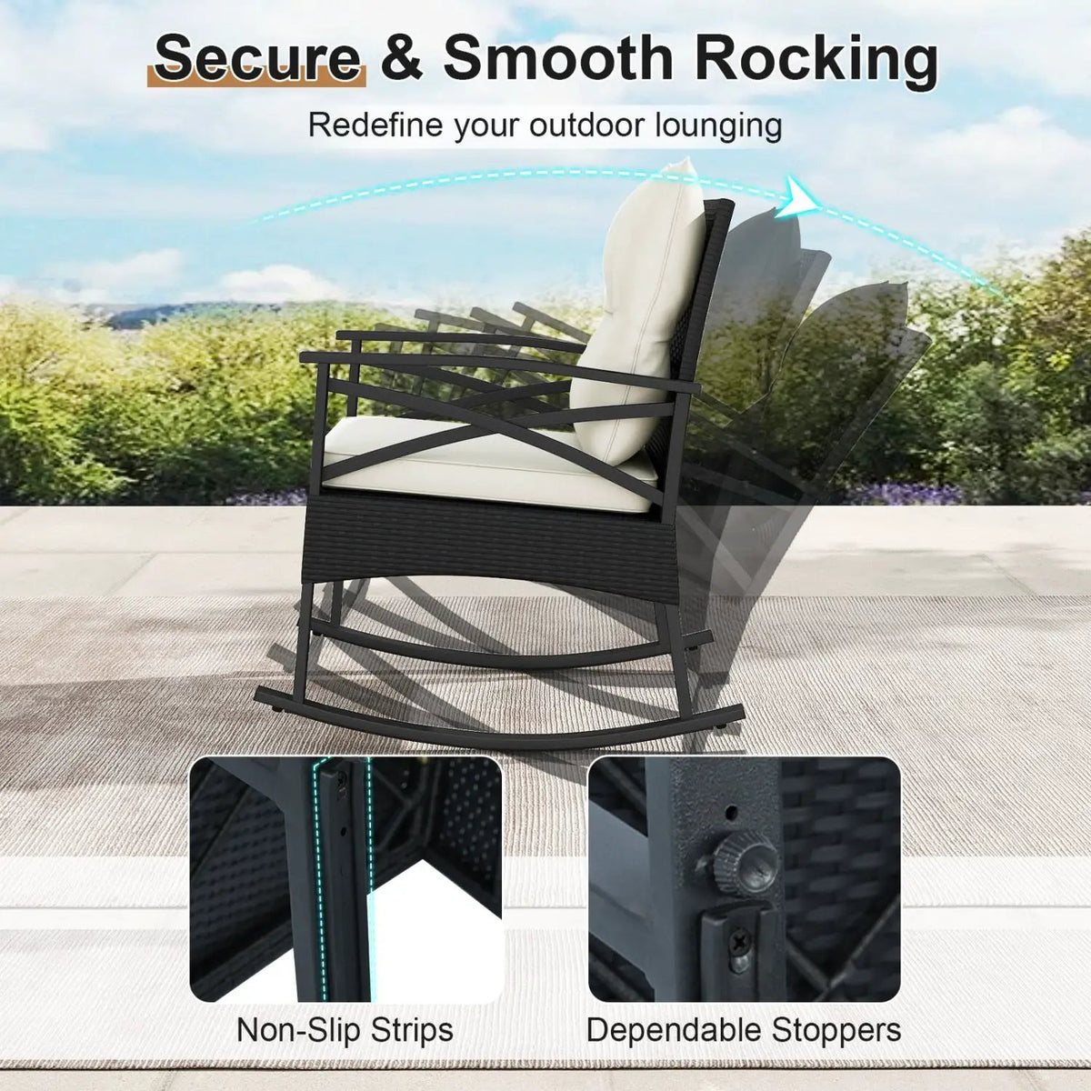 3 Pieces Outdoor Rattan Rocking Chairs Set with 2-Tier Side Table for Garden Backyard by DirectDeals