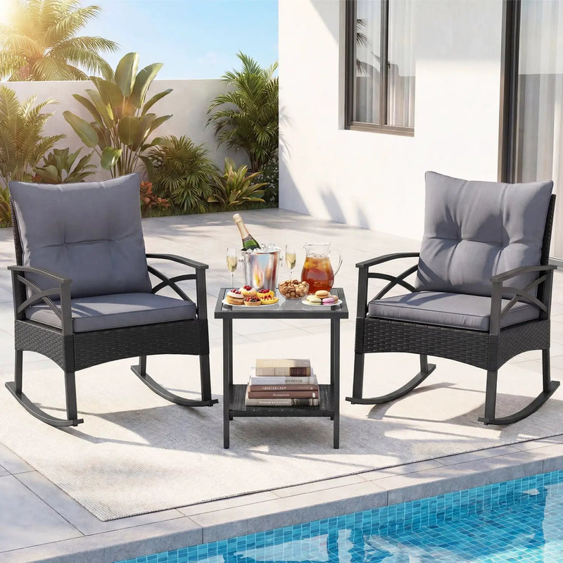 Outdoor Rattan Rocking Chair Set with Side Table - 3 Pieces by DirectDeals