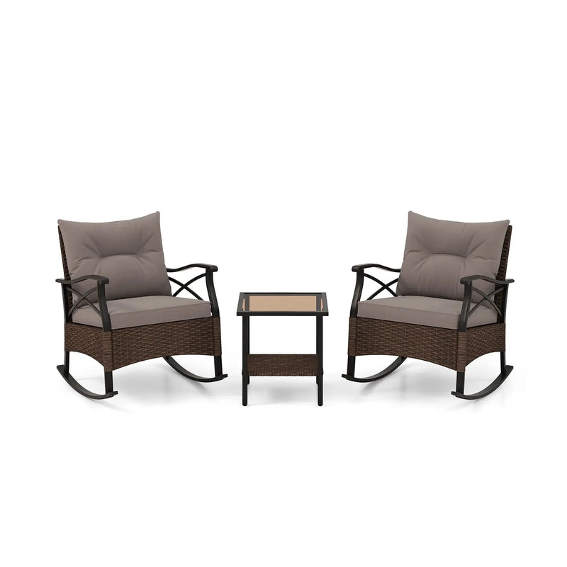 3 Pieces Outdoor Rattan Rocking Chairs Set with 2-Tier Side Table for Garden Backyard-Brown by DirectDeals