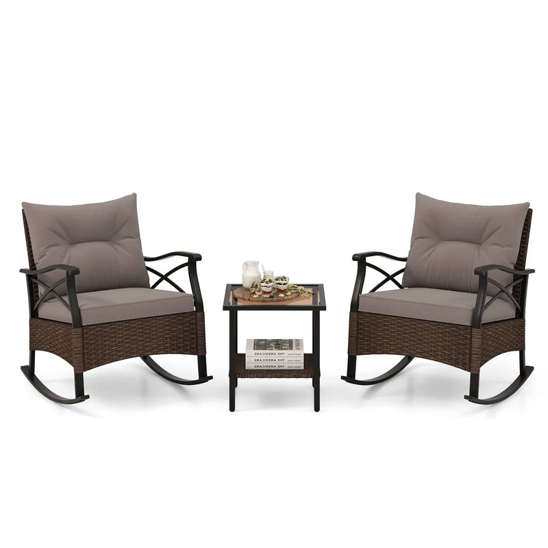 3 Pieces Outdoor Rattan Rocking Chairs Set with 2-Tier Side Table for Garden Backyard-Brown by DirectDeals