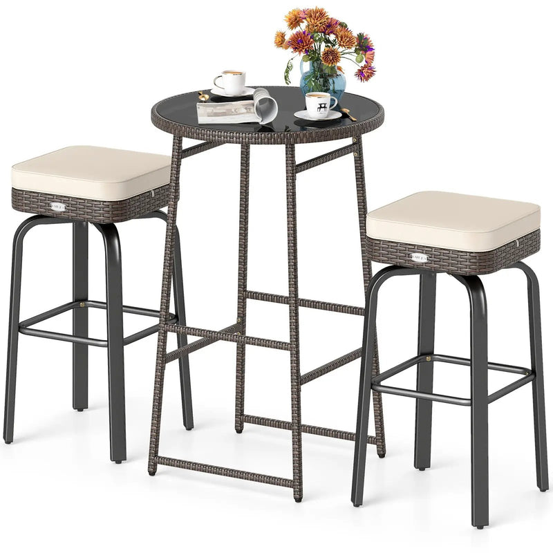 3 Pieces Outdoor Swivel Bar Set PE Rattan Bar Height Table with 2 Chairs-White by DirectDeals
