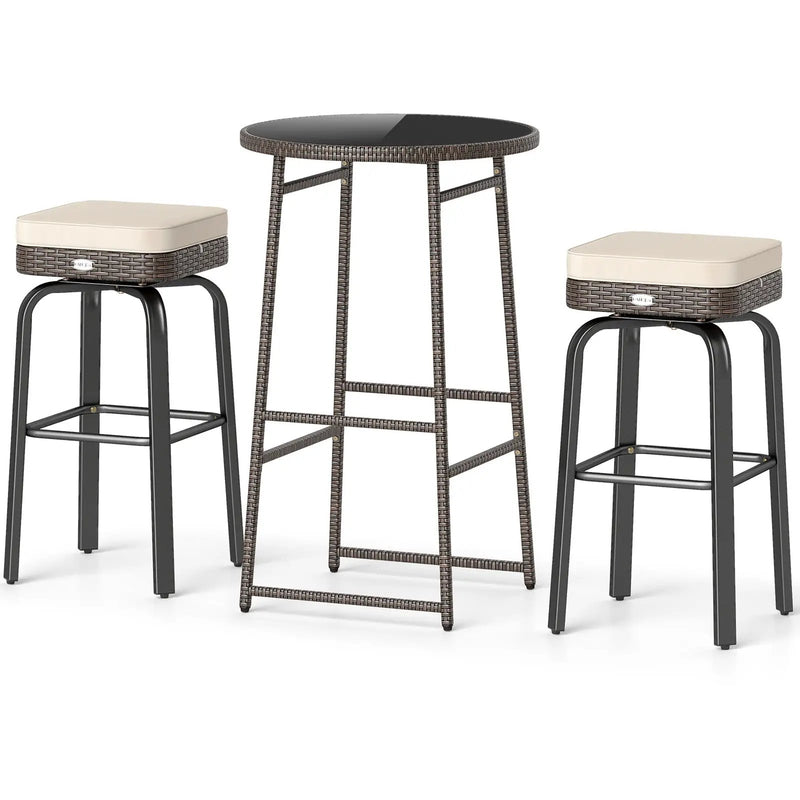 3 Pieces Outdoor Swivel Bar Set PE Rattan Bar Height Table with 2 Chairs-White by DirectDeals