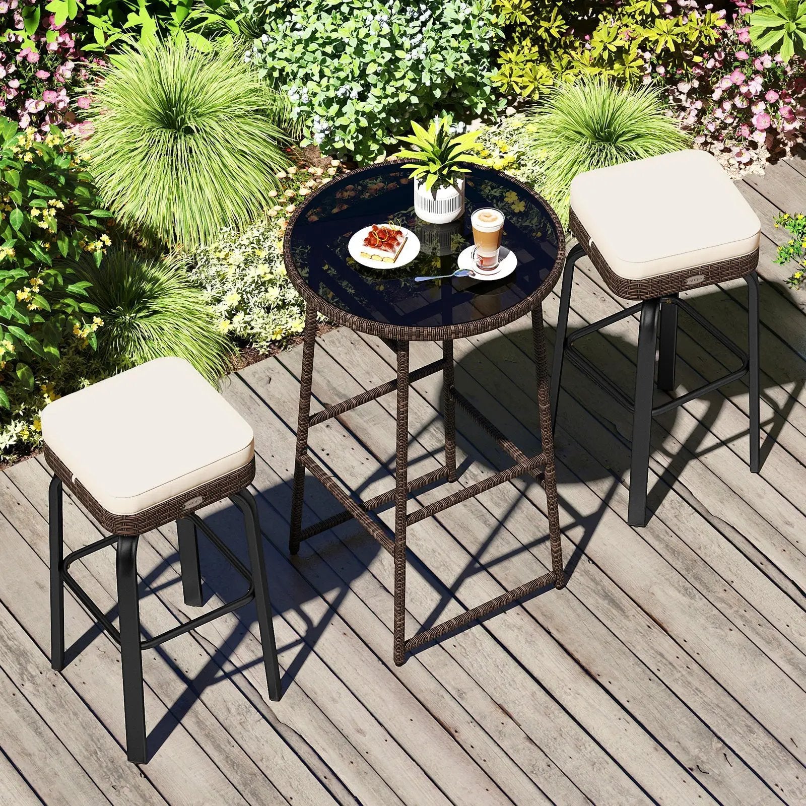 3 Pieces Outdoor Swivel Bar Set PE Rattan Bar Height Table with 2 Chairs-White by DirectDeals