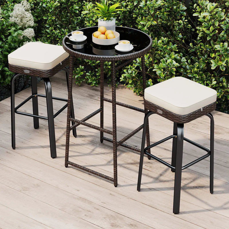 3 Pieces Outdoor Swivel Bar Set PE Rattan Bar Height Table with 2 Chairs-White by DirectDeals