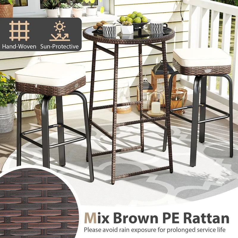 3 Pieces Outdoor Swivel Bar Set PE Rattan Bar Height Table with 2 Chairs-White by DirectDeals